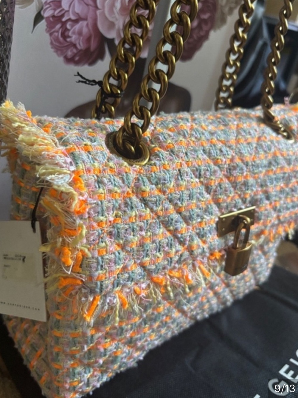Kurt Geiger Brixton Tweed Orange multi color Chain Shoulder Bag NWT - Picture 2 of 8